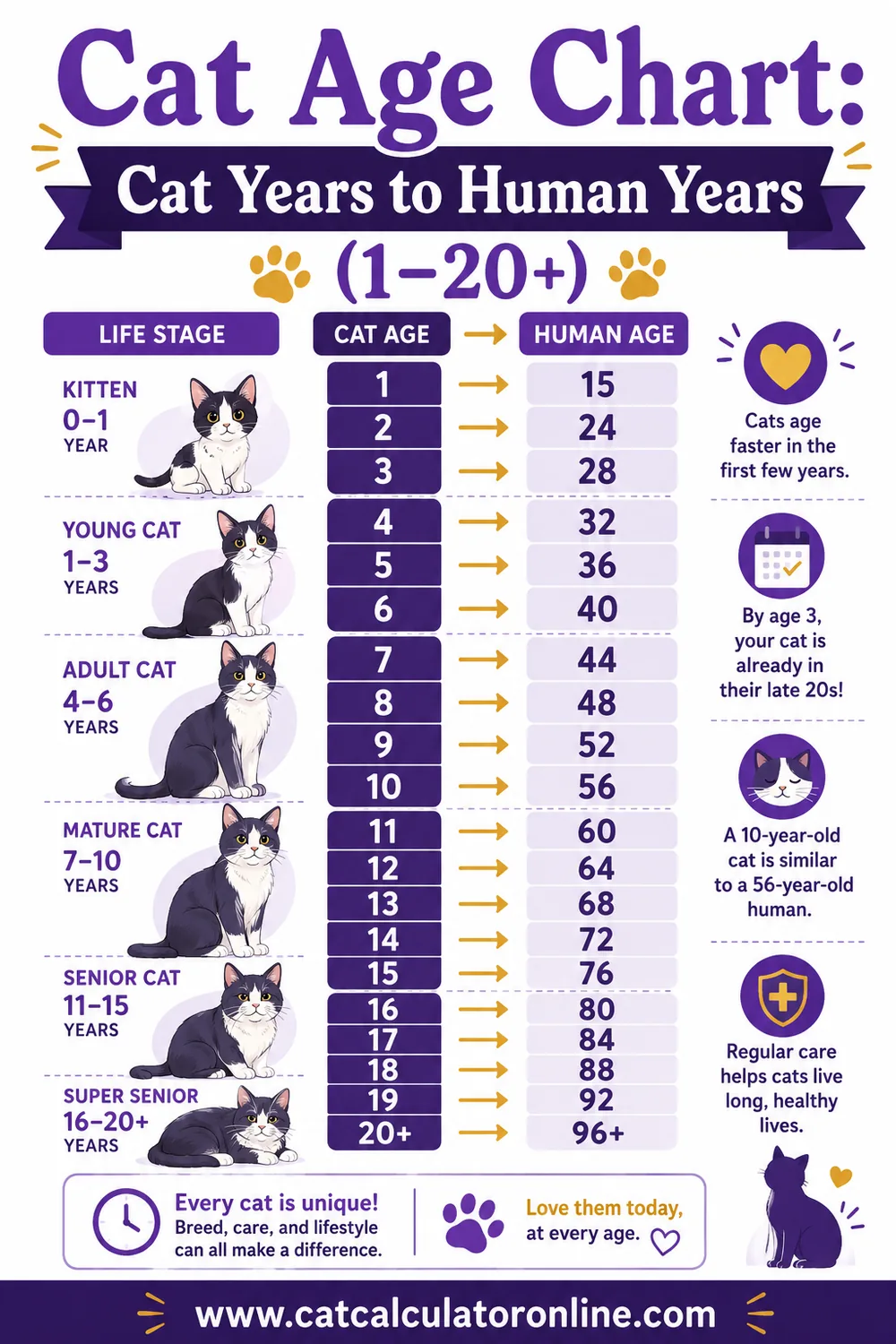 Cat Age Chart: Cat Years to Human Years (1–20+)
